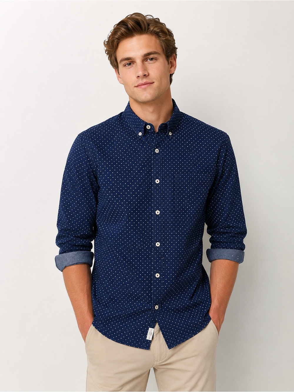 American Eagle Seriously Soft Polka Dot Button Down Shirt Large | Blue White